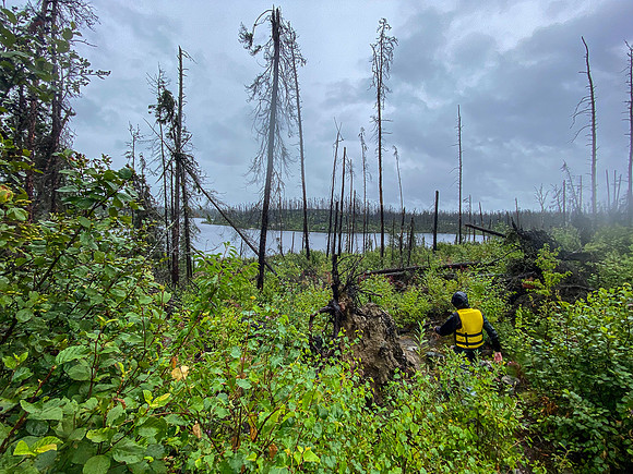 A stormy portage into Minuhik Lake from Versailles Lake.