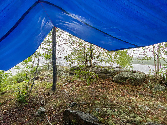 Hiding from a thunderstorm while paddling north on Wapassini Lake.
