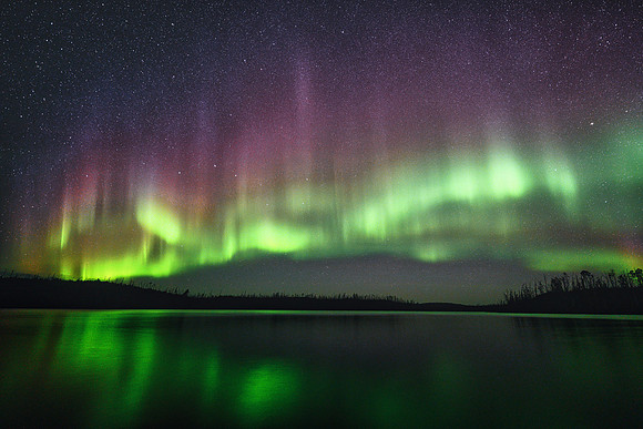 Aurora borealis (northern lights) over Colin Lake.