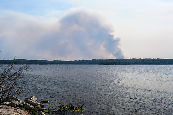 Fires south of Stanley Mission seen from our camp on Drope Lake.