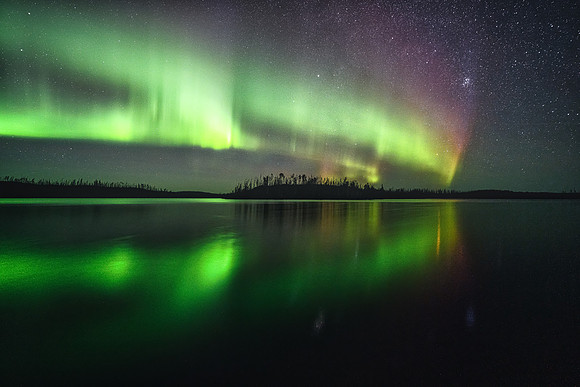 Aurora borealis (northern lights) over Colin Lake.