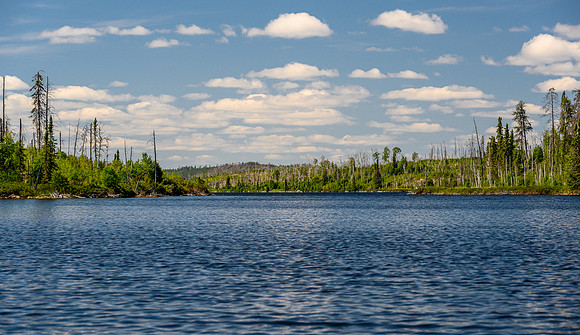 Paddling Colin Lake around the north end of Sandomirsky Island.