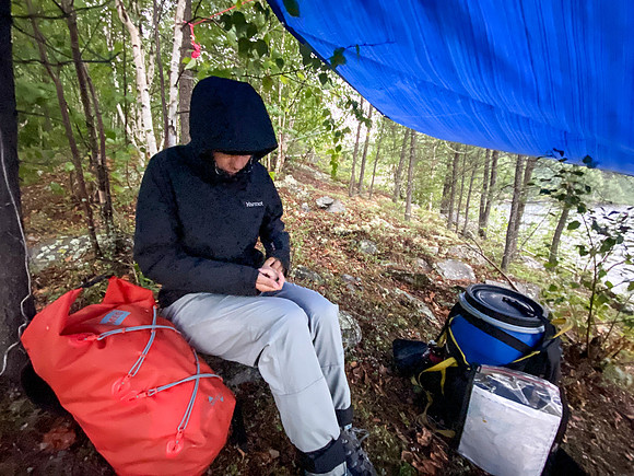 Hiding from a thunderstorm while paddling north on Wapassini Lake.
