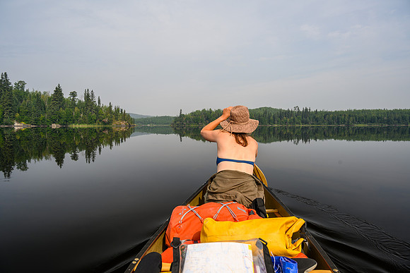 Paddling up the Drinking River on Pitching Lake.