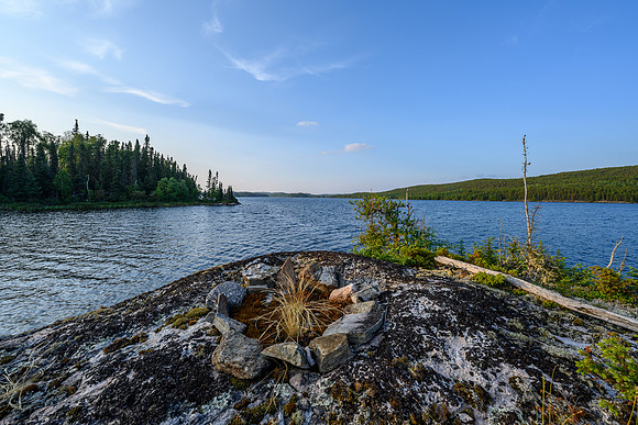 An old fire pit on the submarine island on Wapassini Lake.