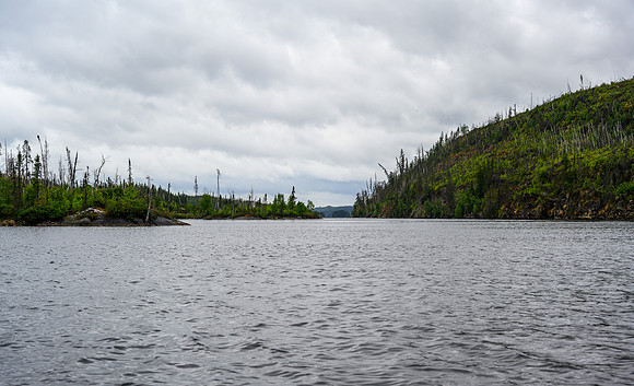 Tough paddling across Versailles Lake.