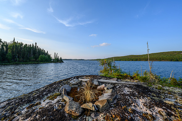 An old fire pit on the submarine island on Wapassini Lake.