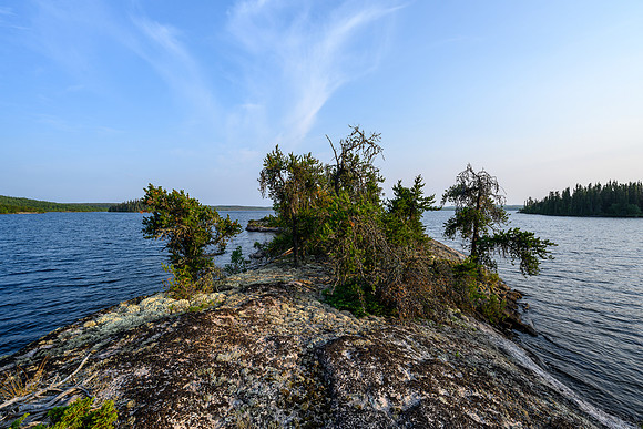 Views from the submarine island site on Wapassini Lake.