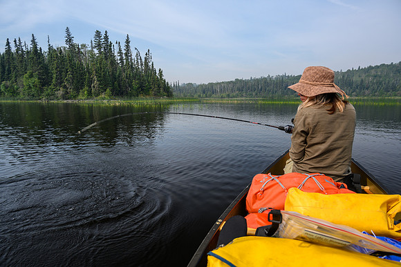 Paddling up the Drinking River on Pitching Lake.