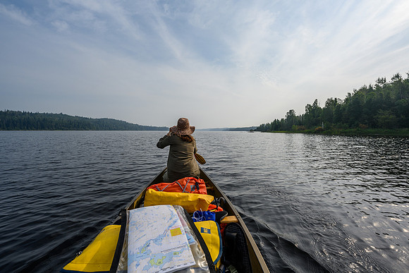 Paddling up the Drinking River on Pitching Lake.