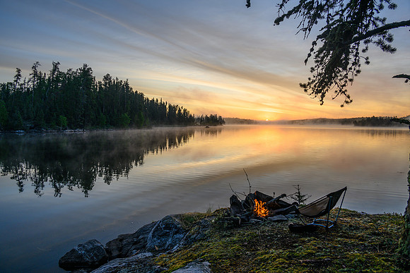 Sunrise from the best camp of the trip on Robertson Lake.