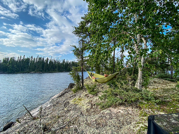 Camp on the "submarine island" on Wapasinni Lake.