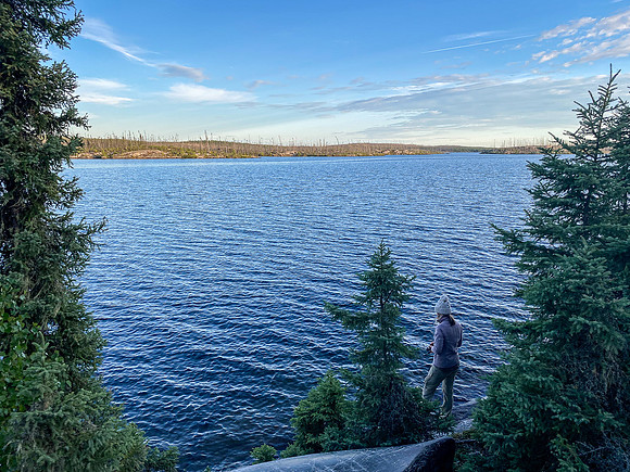 Fishing from camp on Davis Lake.