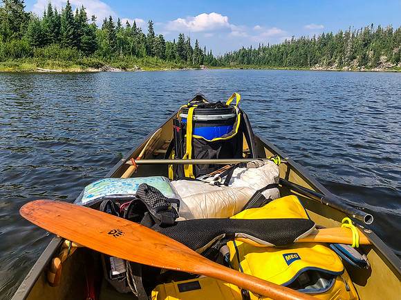 Paddling out of Upper Hatchet Lake towards the portage to Embryo Lake.