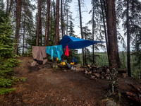 Trying to dry gear as the sun starts to set on Onnie Lake.