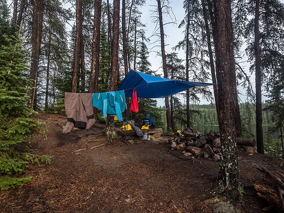 Trying to dry gear as the sun starts to set on Onnie Lake.