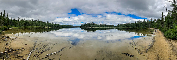 Sandy beach at the entrance to Peterson Lake from Hatchet.