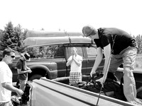 Unloading gear in the Leano Lake parking lot.