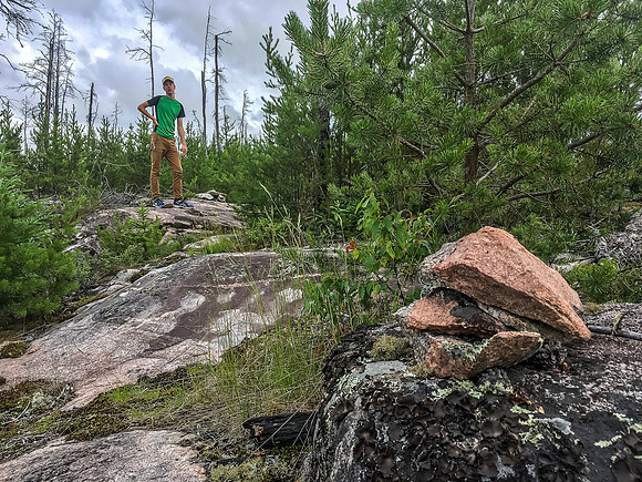 Walking back along the interesting 575m portage trail from Gulch to Jigsaw Lake. There are plenty of rock cairns to guide you along the route.