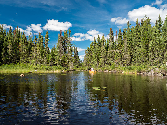 Looking back at Jon and Dylan as paddle into Robertson Lake from the 100m portage out of Upper Hatchet.