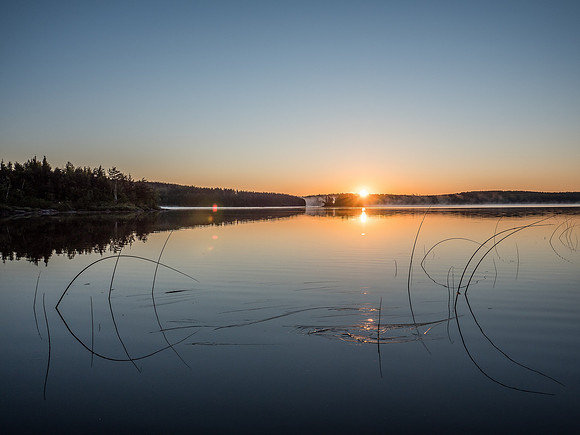 Morning mist rises over a lake of glass in this shot from our camp on Telescope Lake, early on Sunday morning.