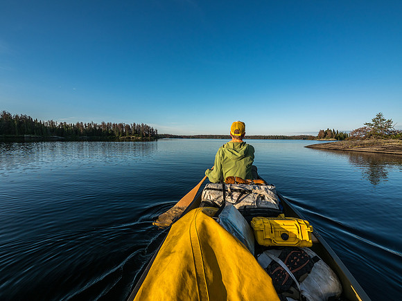 Paddling out of camp on Wrist Lake.
