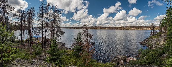 Looking down on our camp kitchen from the upper tent-pad level on the deluxe island site on Wrist Lake.