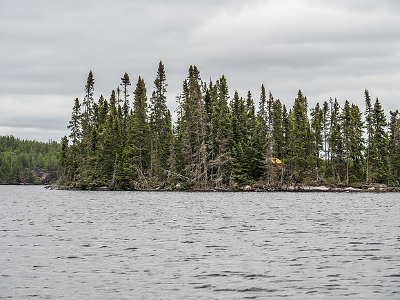Looking at our protected island camp as we go for a canoe around the lake.