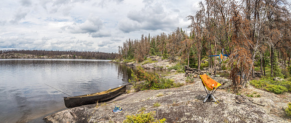 A very familiar place - the excellent and huge camp site on Wrist Lake. It's looking a lot different than last time though - thanks to recent burns in the area and the devastating Pine Beetle.