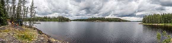 It doesn't get much better than this! Our delightful camp on the south end of Rostoul Lake - the main part of the lake is at right and our exit up Haven Creek is at center left.