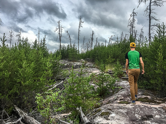 Walking back along the interesting 575m portage trail from Gulch to Jigsaw Lake. There are plenty of rock cairns to guide you along the route.