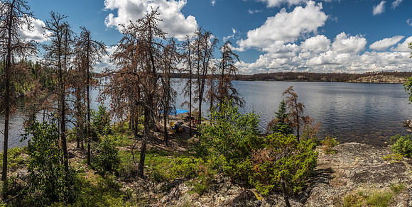 Looking down on our camp kitchen from the upper tent-pad level on the deluxe island site on Wrist Lake.
