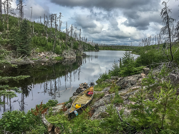 Gorgeous Gulch Lake and our canoe waiting for us to carry it almost 600m to Jigsaw from here.