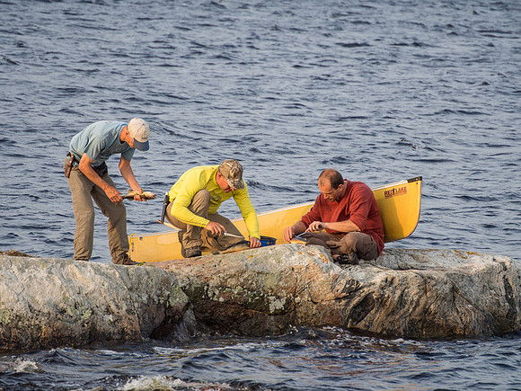 Cleaning the walleye on a small rock across from camp - never clean fish in your camp!