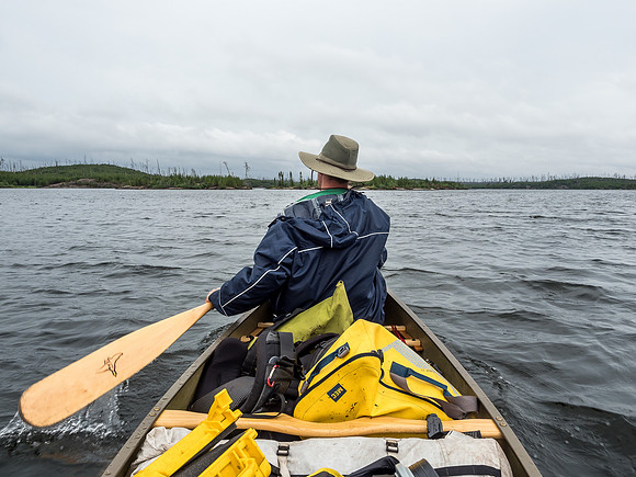 Paddling out of Haven Lake in the rain.