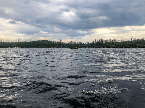 A moody late afternoon on Haven Lake while we paddle to camp.