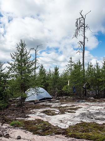 Harold and Hentie's tent in shelter on the exposed site.