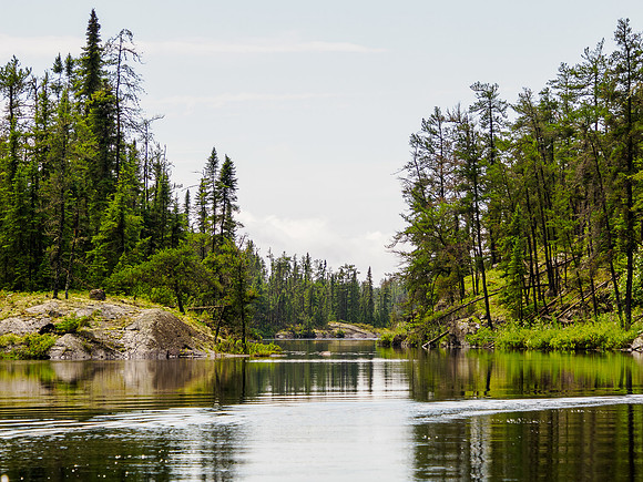 The sun comes back as we paddle a scenic channel towards the last few portages into East Lunch Lake.