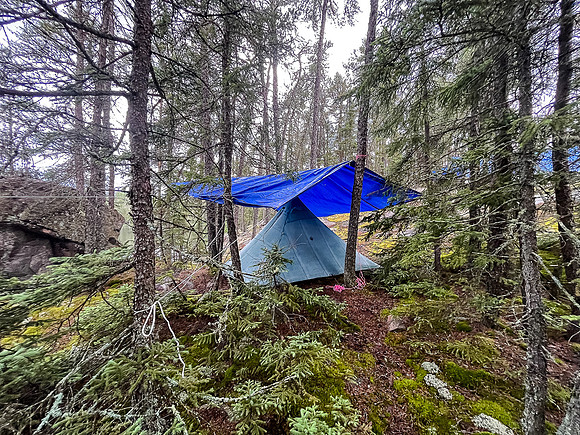 Setting up camp in the rain on Bunny Lake.