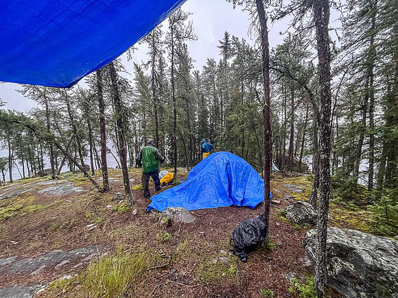 Setting up camp in the rain on Bunny Lake.