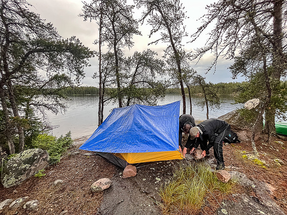 Setting up camp in the rain on Bunny Lake.