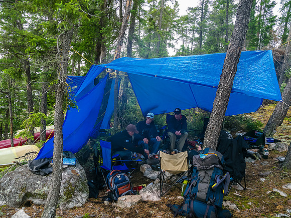 Camp on Wednesday night, somewhere past Aegean Lake. Notice the tarp acting as a wind break.