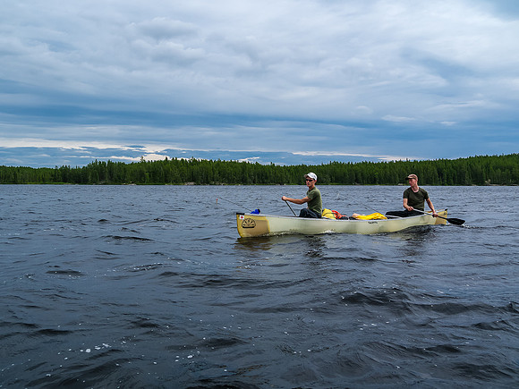 Paddling towards the final portage of the day from Burnt Rock into Mexican Hat - 800 meters.