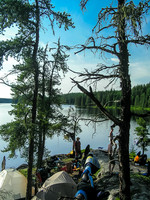 Supper time at camp - it's a nice cozy point of rock. Note how calm Haggart Lake is?
