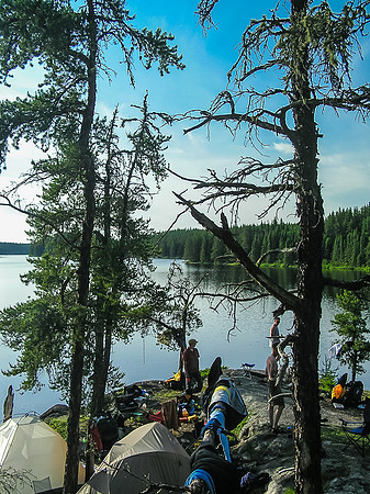 Supper time at camp - it's a nice cozy point of rock. Note how calm Haggart Lake is?