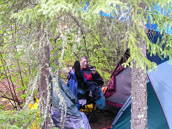 Cozy camp on Crystal Lake in the rain!