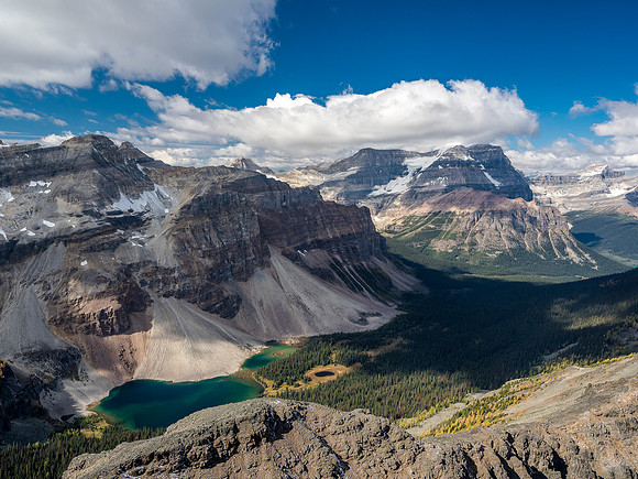 I had to traverse the summit block a bit to get Haiduk Lake on the shot. Mount Ball at right.