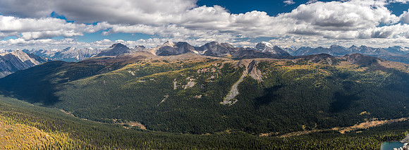 Views over Pharaoh Creek and Healy Ridge / Peak towards Pilot, Brett, Black Brett and Bourgeau (L to R).