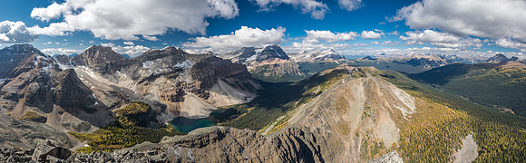 Looking over Haiduk Lake with Haiduk Peak at left, Mount Ball at center, Storm Mountain at center and Copper and Pilot mountains at distant right.