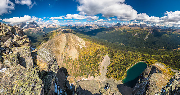 Black Rock Lake sits below the peak in this view looking north down the Pharaoh (R) and Redearth (L) Creek valleys.